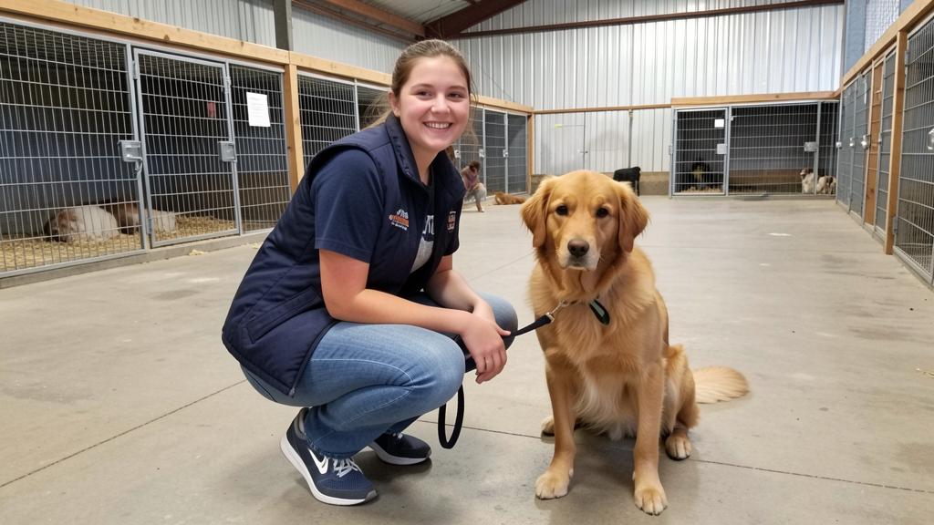 Подросток ухаживает за собакой в animal shelter, обеспечивая social interaction.