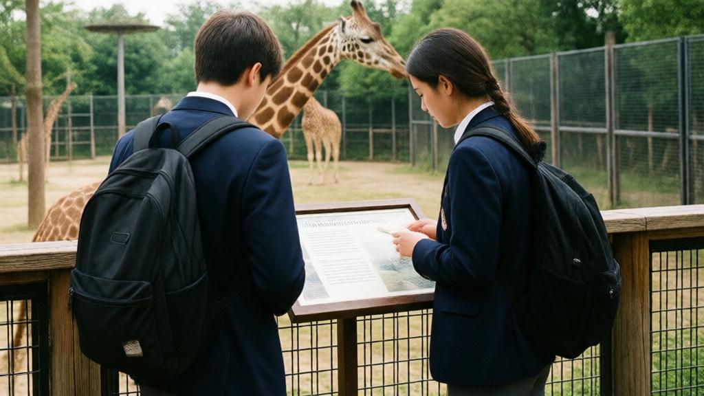 Подростки гуляют по зоопарку среди вольеров, знакомясь с wildlife conservation.