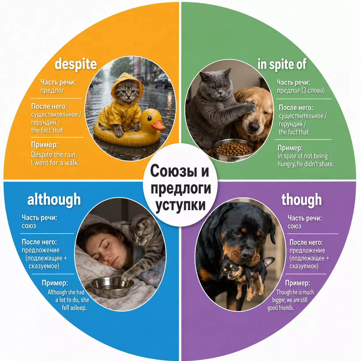 Инфографика по although, though, despite и in spite of для быстрого повторения перед ЕГЭ.