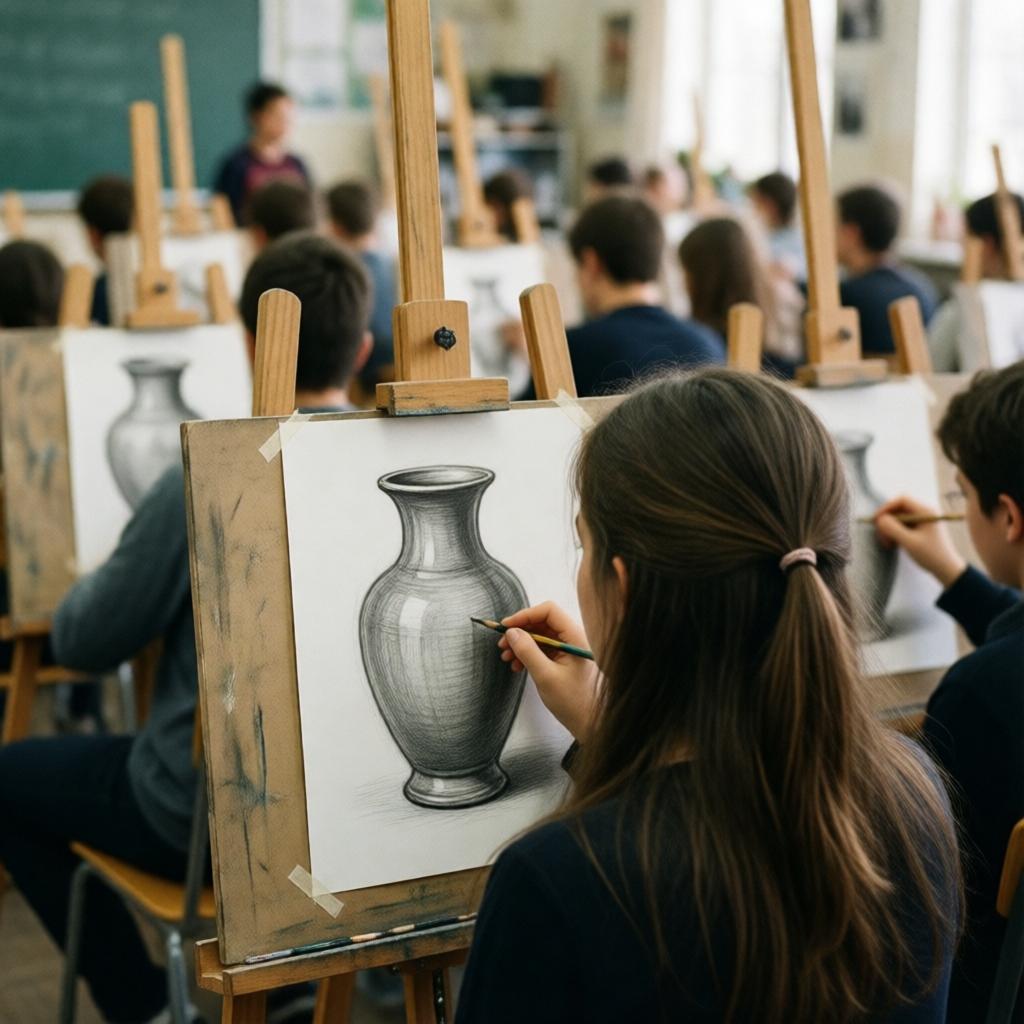 Подростки на уроке visual arts выполняют творческое задание в классе.