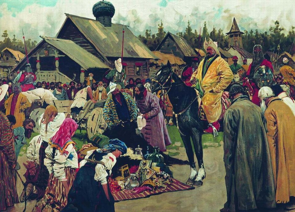 Баскаки собирают дань в русских землях в системе управления Монгольской империи.