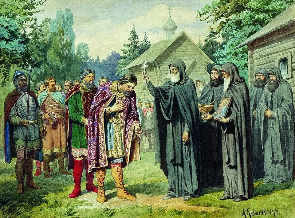 Сергий Радонежский благословляет Дмитрия Донского перед Куликовской битвой.