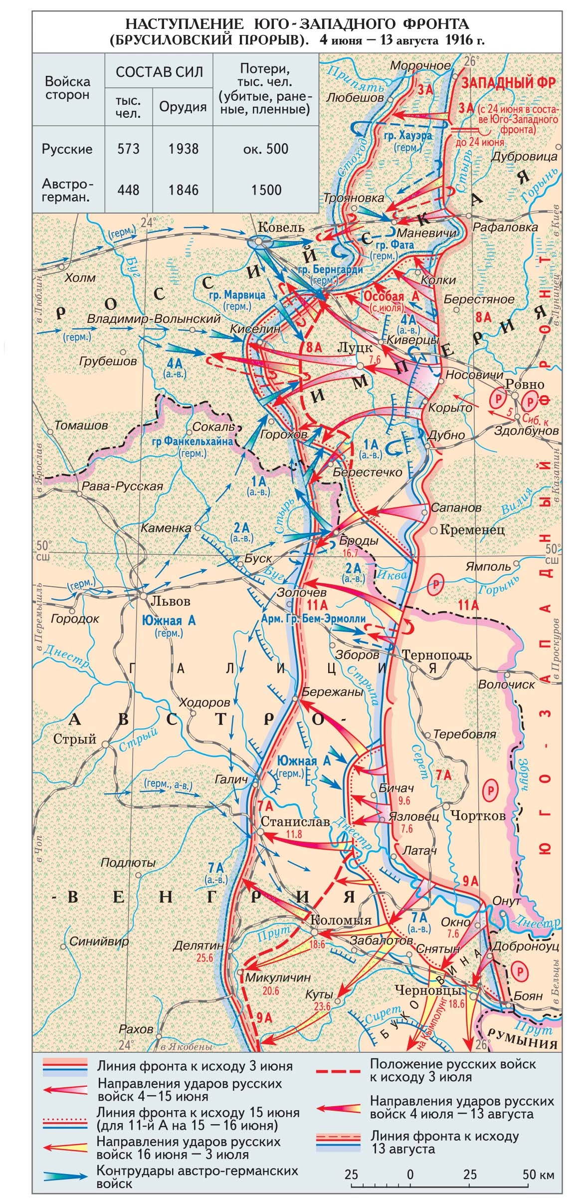 Карта Брусиловского прорыва 1916 года на Восточном фронте русской армии.
