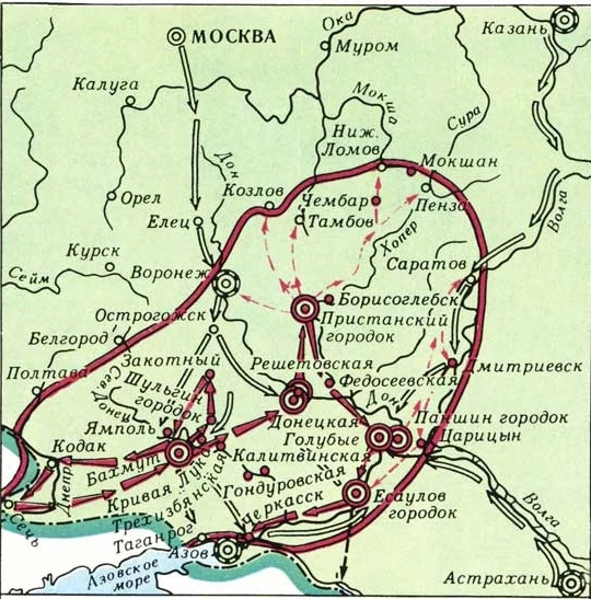Карта восстания Кондратия Булавина 1707–1708 годов против власти Петра I на Дону.
