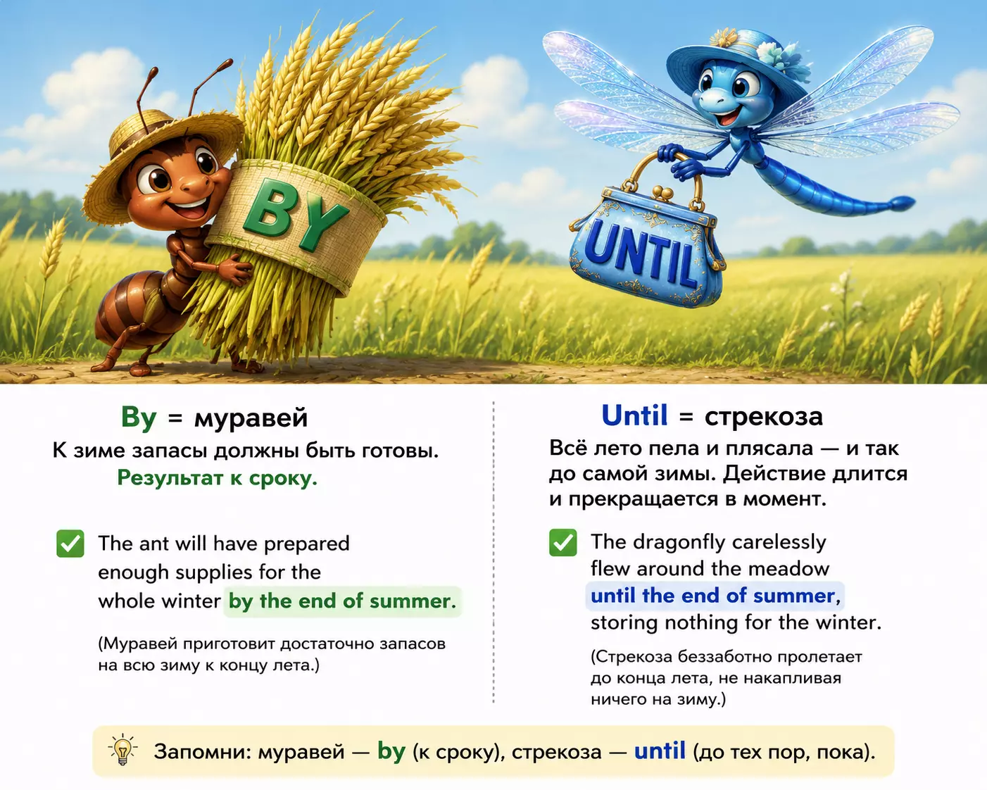 Схема для запоминания разницы between by и until в заданиях ЕГЭ по английскому.