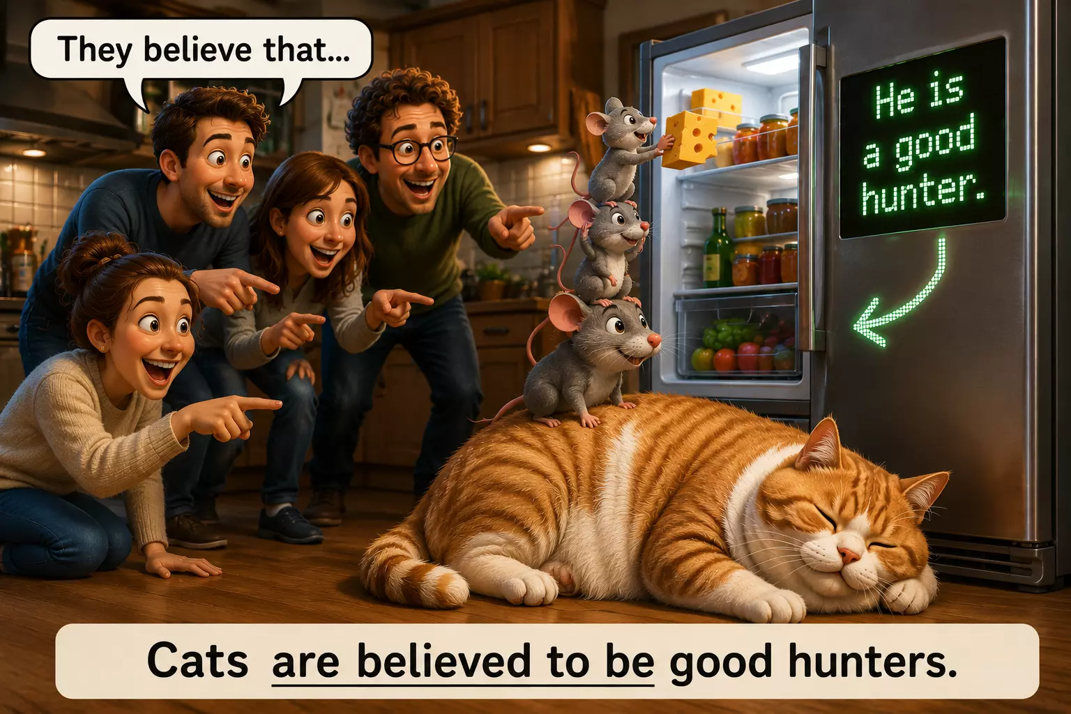Схема complex subject с пассивным залогом и инфинитивом на примере предложения про cats.