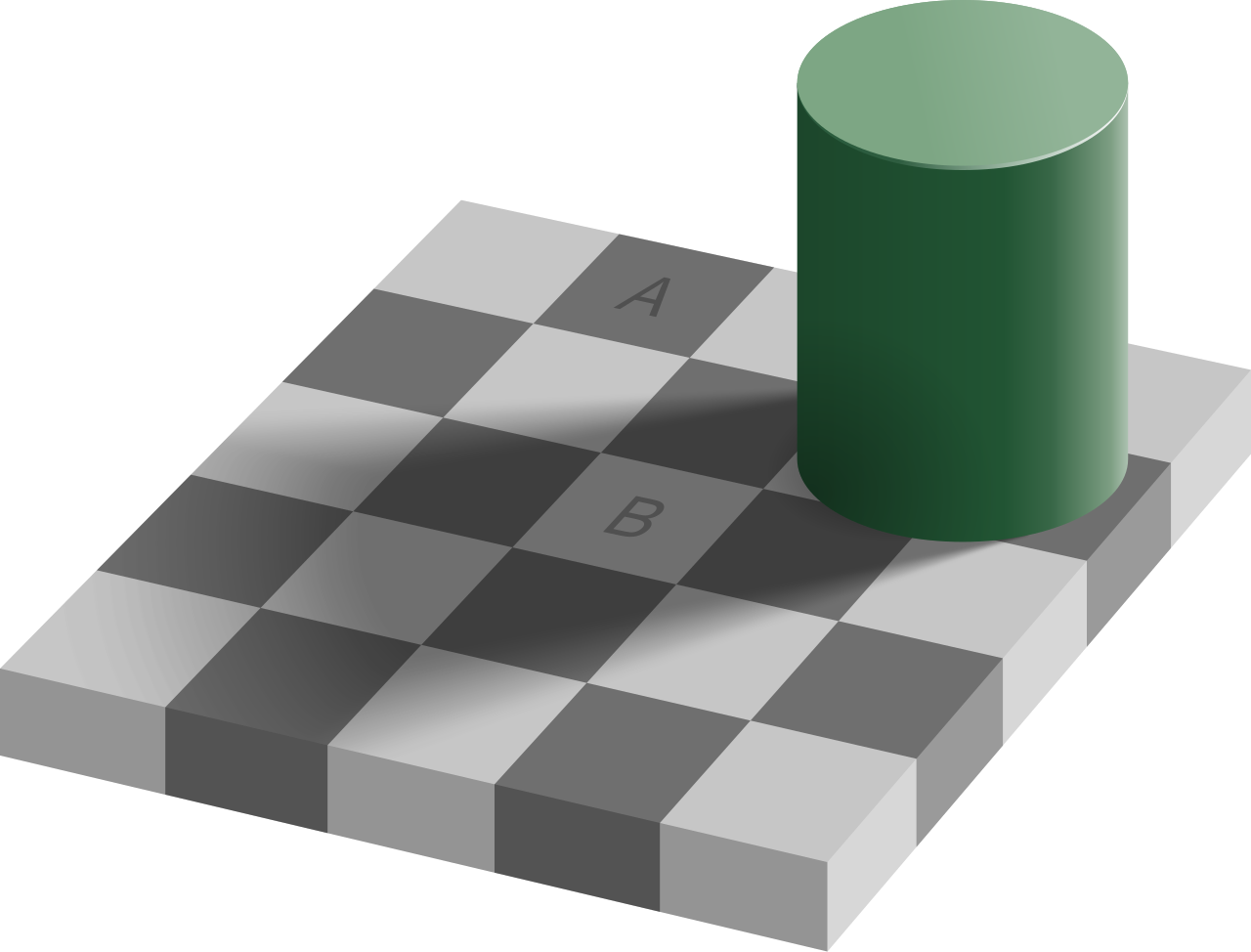Grey square optical illusion, Sakurambo. Источник: https://ru.wikipedia.org/wiki/Иллюзия_с_тенью_на_шахматной_доске#/media/Файл:Grey_square_optical_illusion.svg. CC0