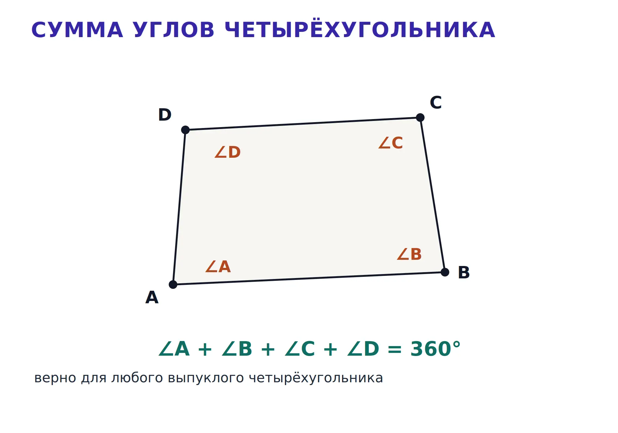 Углы выпуклого четырёхугольника, сумма которых равна 360 градусов.