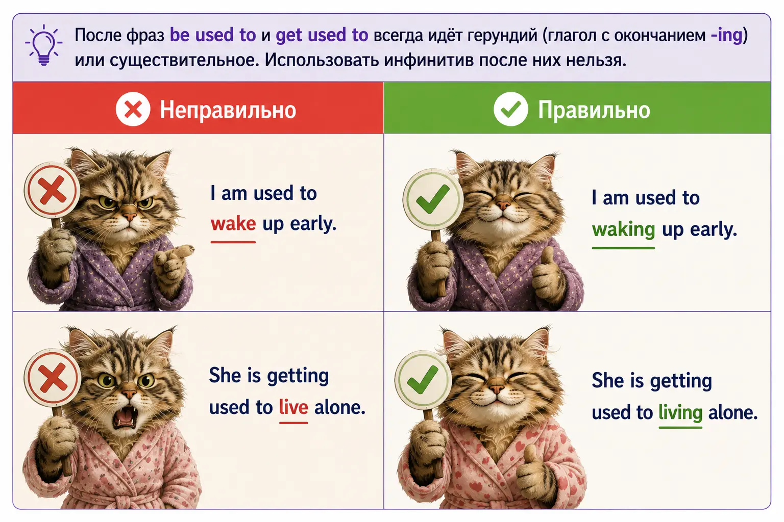 Правило для be used to и get used to: после to нужен герундий или существительное
