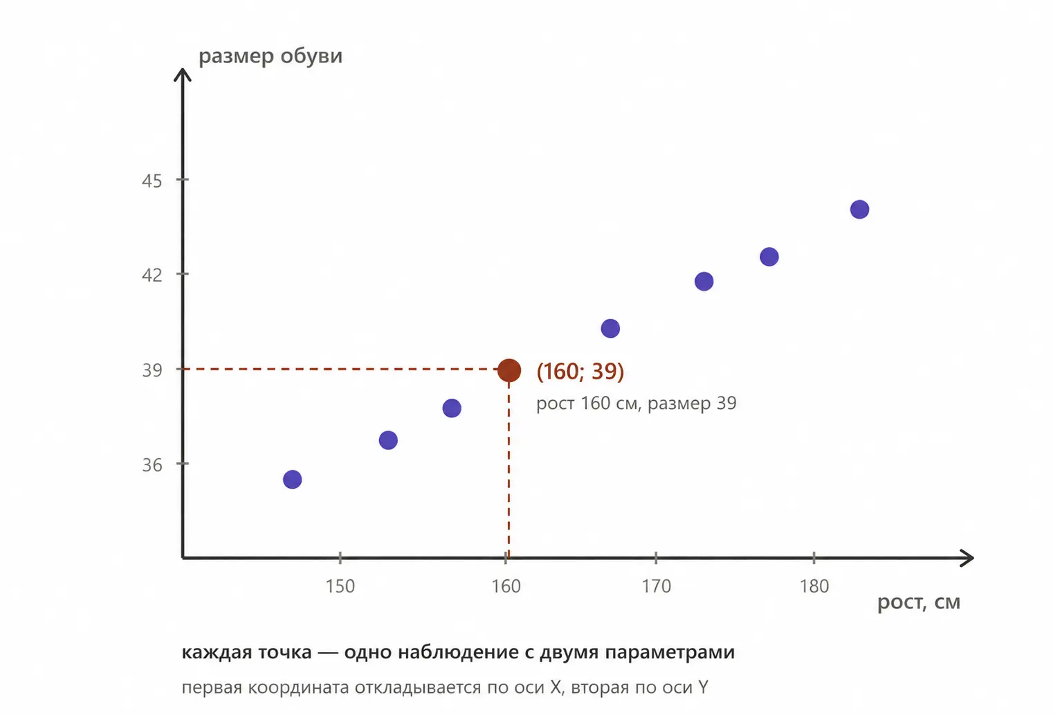 Диаграмма рассеивания с точками по осям X и Y для связи двух числовых величин