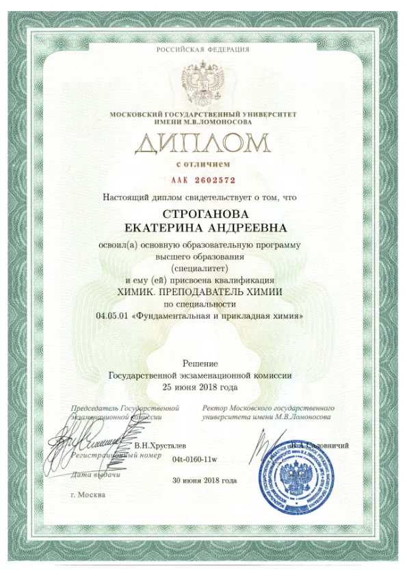 Диплом МГУ Кати Строгановой