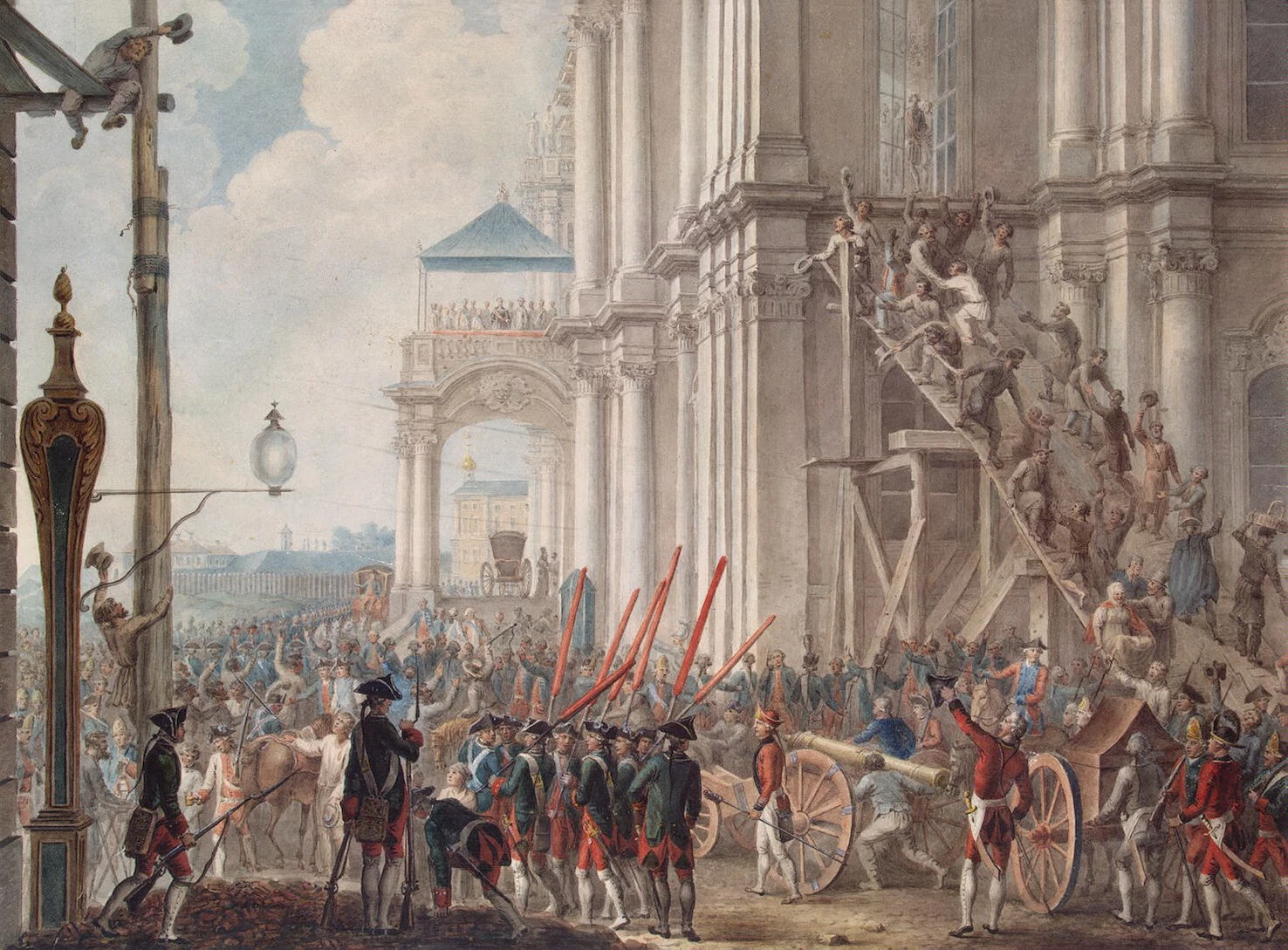 Екатерина II на балконе Зимнего дворца во время дворцового переворота 1762 года.