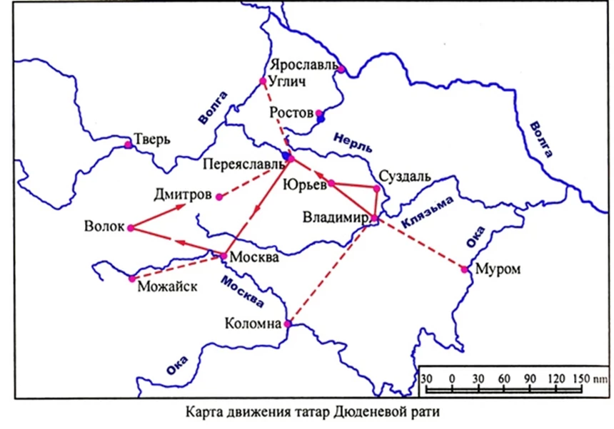 Карта похода Дюденевой рати 1293 года по русским землям в период ордынских набегов.