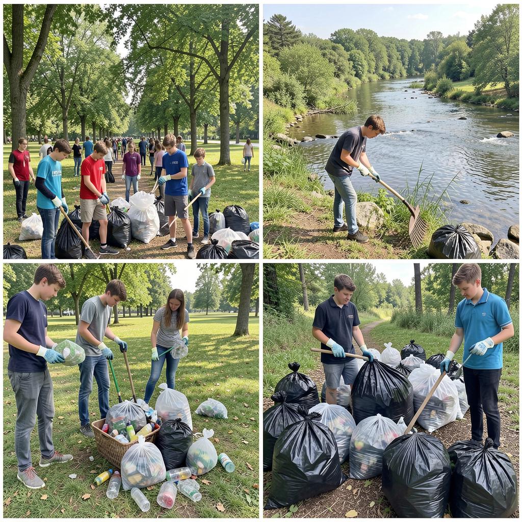 Подростки убирают парк в рамках ecological volunteering против plastic waste.