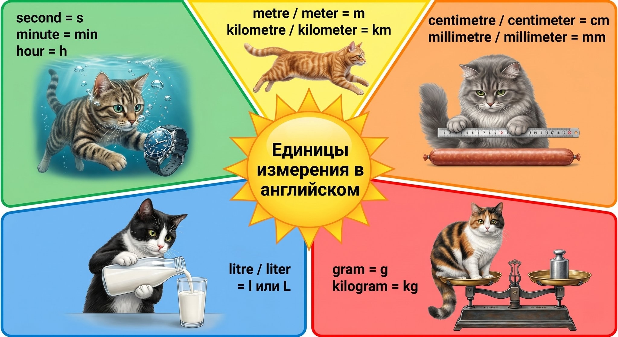 Таблица с единицами измерения и аббревиатурами для чтения числительных на английском