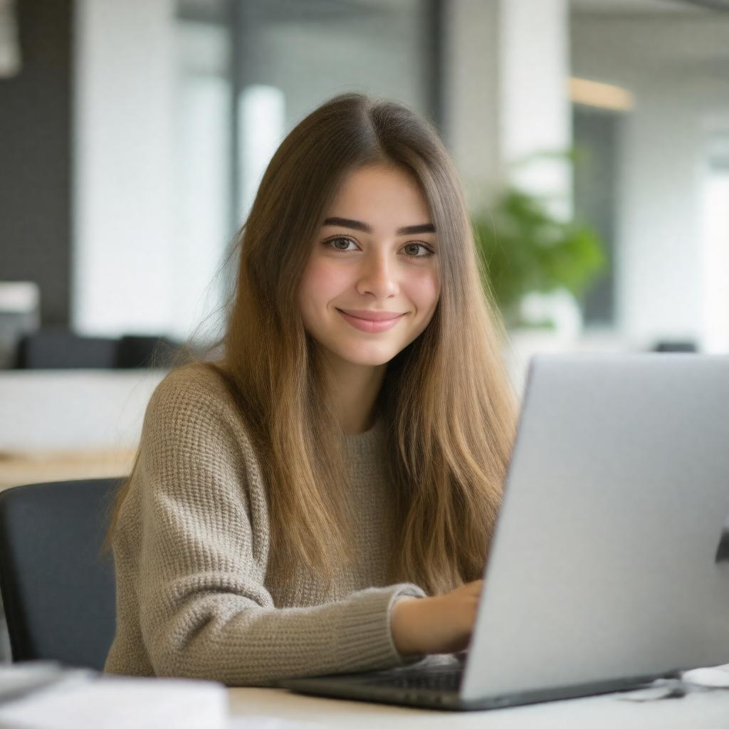 Девушка работает в офисе за компьютером, показывая employment и workplace environment.