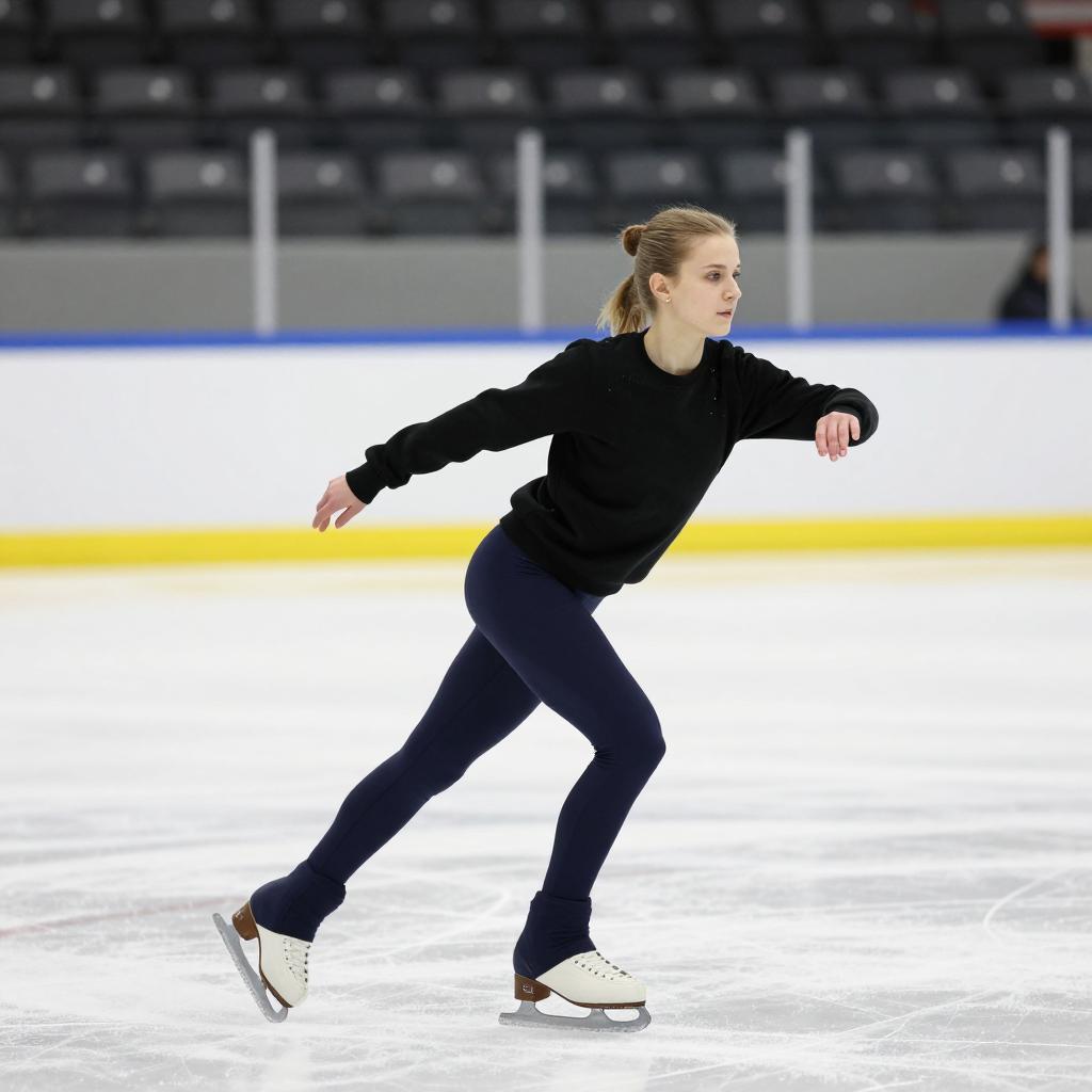Фигуристка отрабатывает элементы на льду во время training session на ice rink.