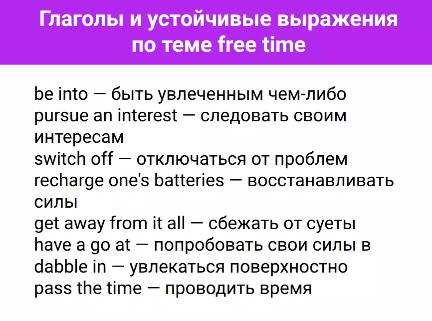 Таблица с глаголами и фразами по теме free time для описания hobbies и отдыха.