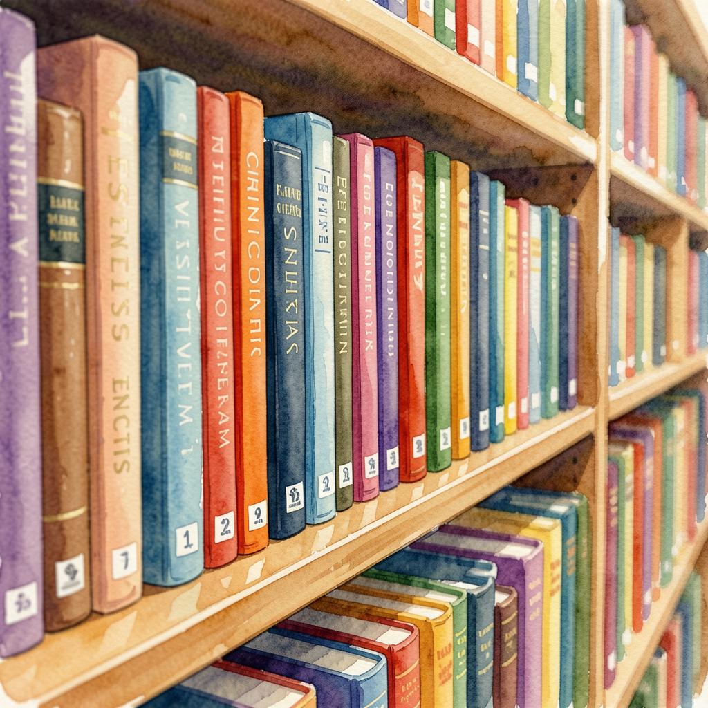 Книги разных жанров на полках библиотеки для изучения literary genres и prose.