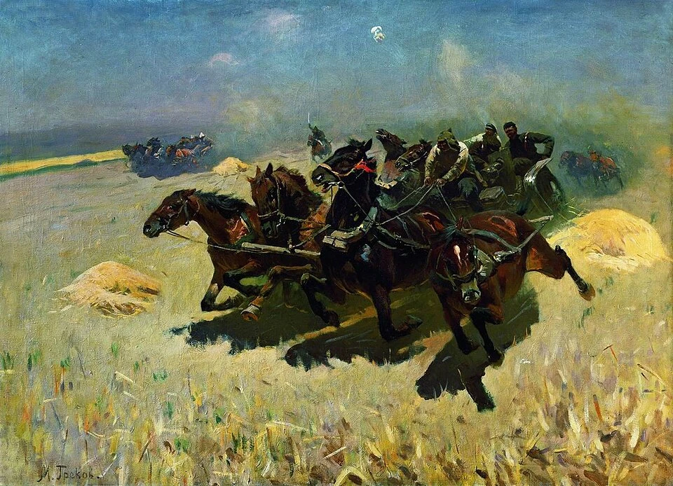Тачанка мчится в бою как образ Гражданской войны и Красной армии.