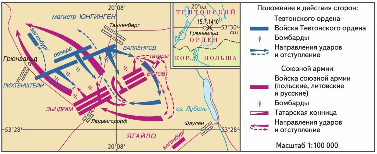 Сражение при Грюнвальде 1410 года, где польско-литовские войска разгромили Тевтонский орден.