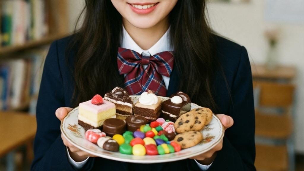 Подросток держит сладости, показывая идиому have a sweet tooth и любовь к dessert.