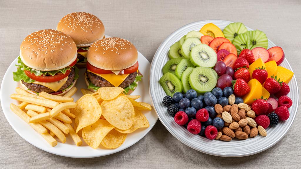 Полезная пища и junk food как сравнение healthy eating для рациона.