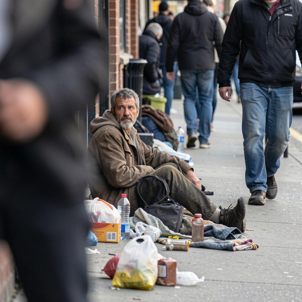 Бездомный мужчина на городской улице как пример homelessness и poverty.