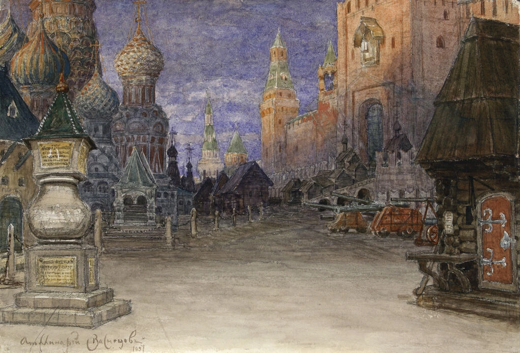 Эскиз Красной площади к опере «Хованщина», передающий атмосферу стрелецких бунтов XVII века.