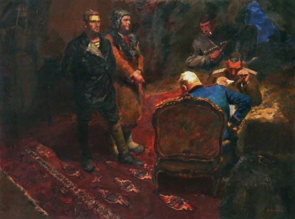 Белогвардейцы допрашивают коммунистов в картине о революционной борьбе.