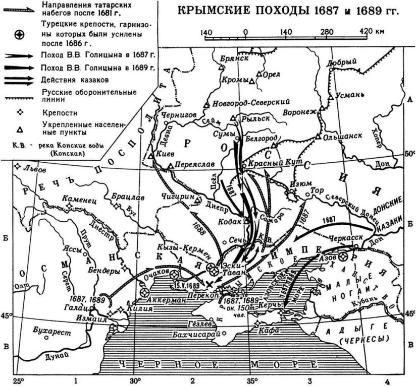 Карта Крымских походов Василия Голицына 1687 и 1689 годов во внешней политике Софьи.