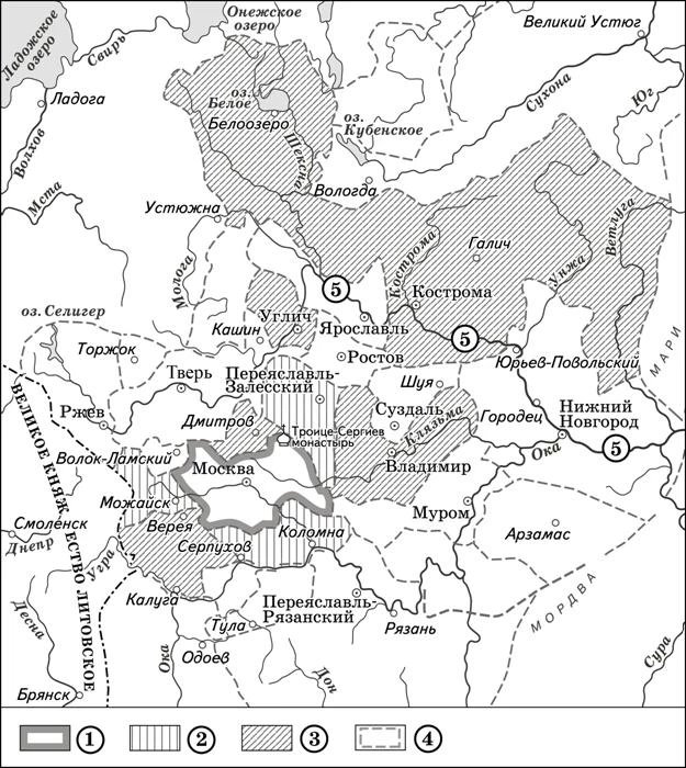 Карта расширения Московского княжества и присоединения русских земель при Дмитрии Донском.
