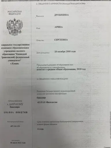 Диплом Казанского федерального университета Арины Дробининой