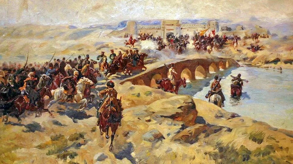 Русские войска атакуют афганские позиции в бою на Кушке во время соперничества в Средней Азии.