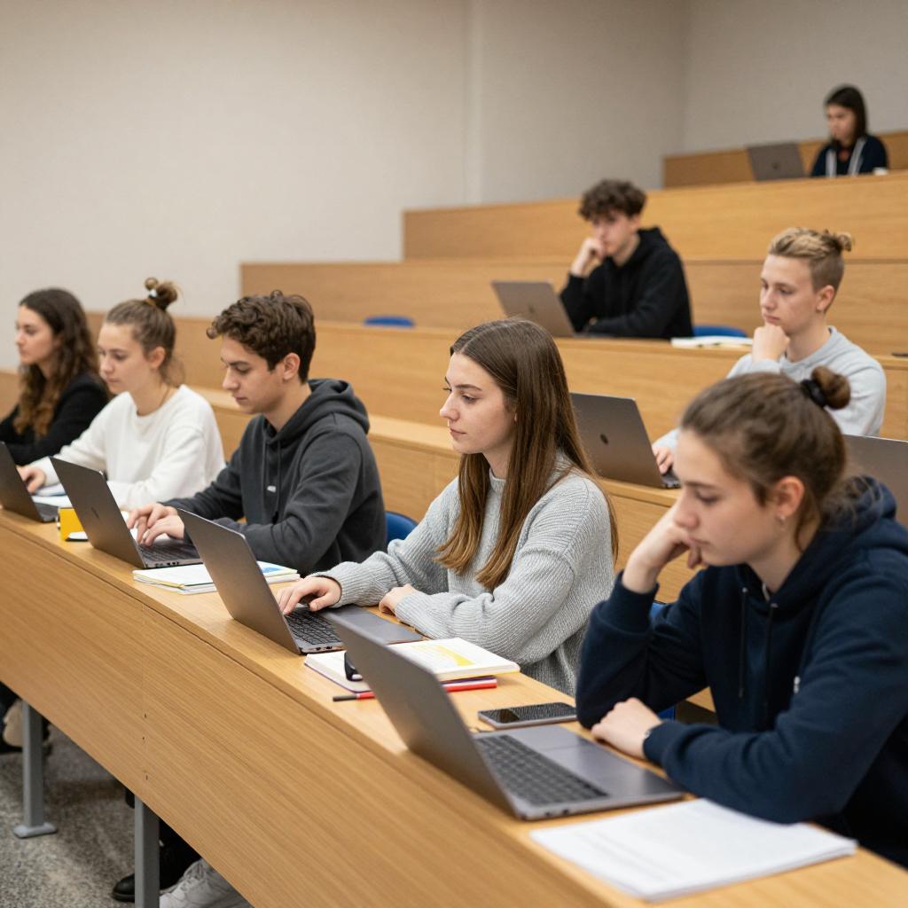 Студенты attend classes на лекции в университете и take notes во время занятия.