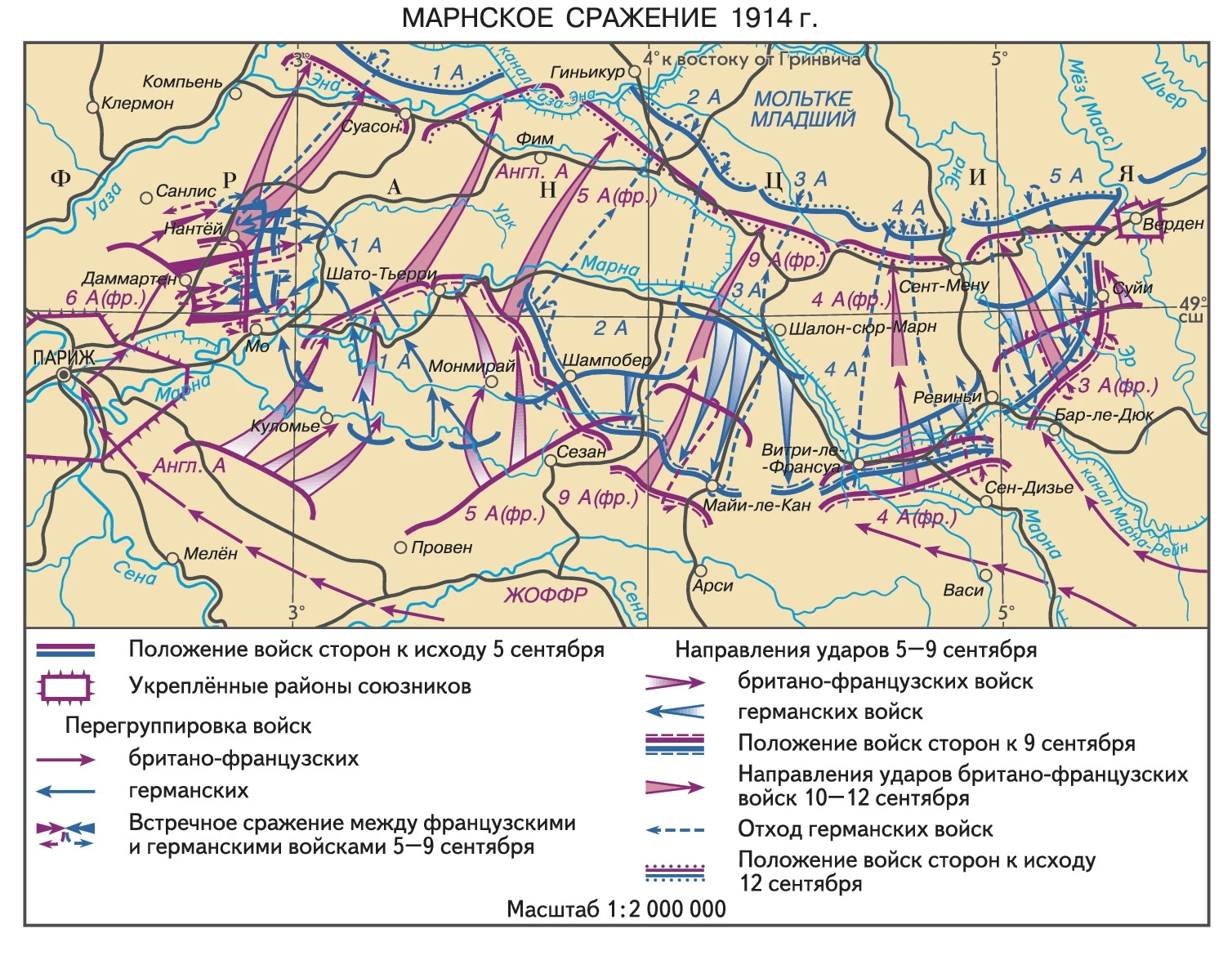 Карта битвы на Марне 1914 года с наступлением Германии к Парижу и контрударом Франции.