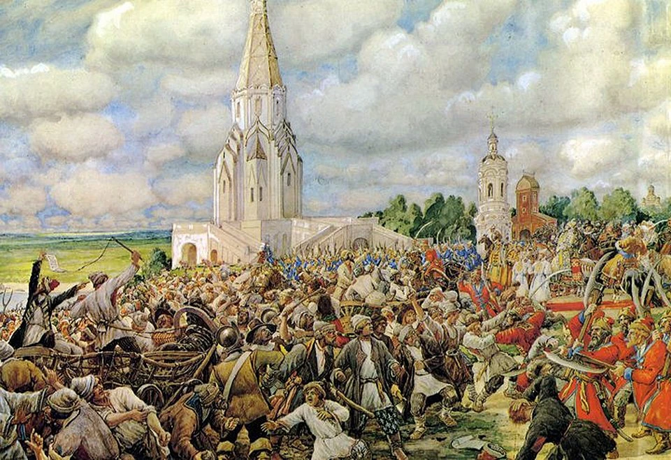 Толпа участников Медного бунта 1662 года в Москве протестует против медных денег.