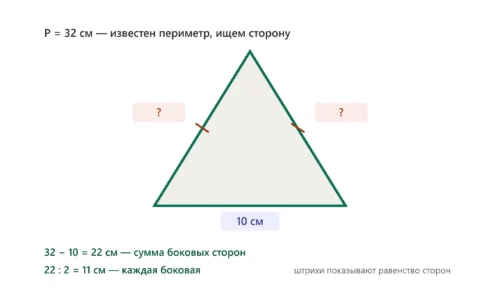 Равнобедренный треугольник с основанием 10 см и периметром 32 см.