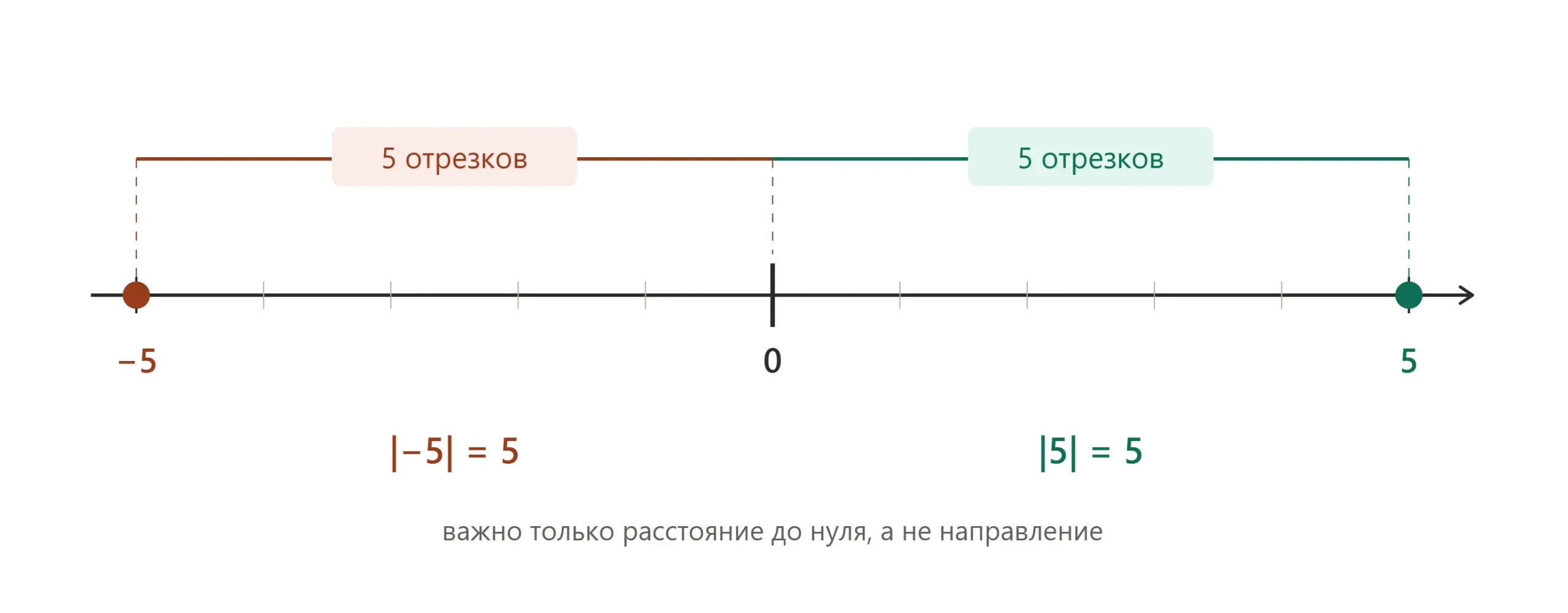 Модуль числа 5 и -5 на числовой прямой показывает одинаковое расстояние до нуля.