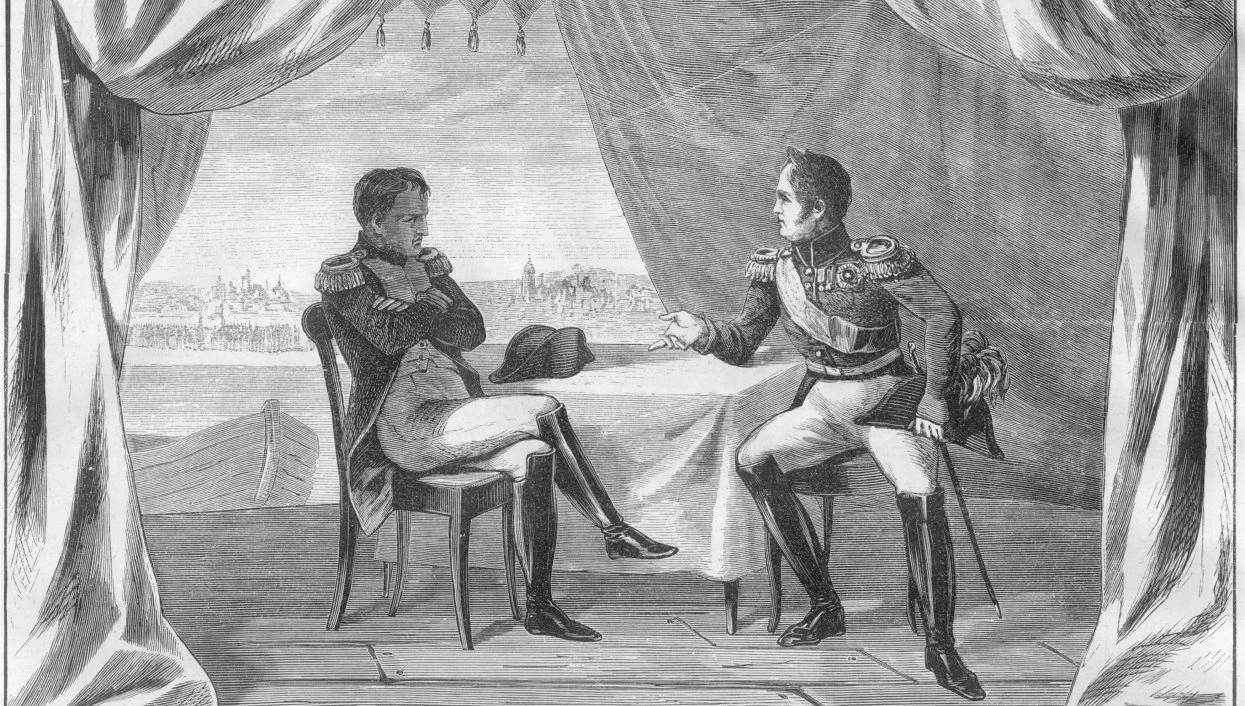 Наполеон Бонапарт и Александр I на Немане во время дипломатической встречи перед войной.