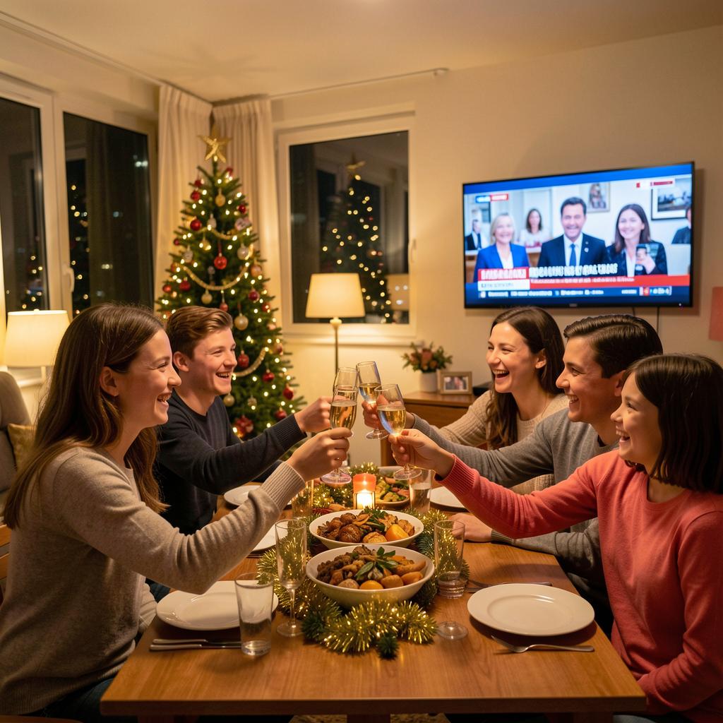 Семья встречает Новый год за праздничным столом и share warm wishes во время family gathering.