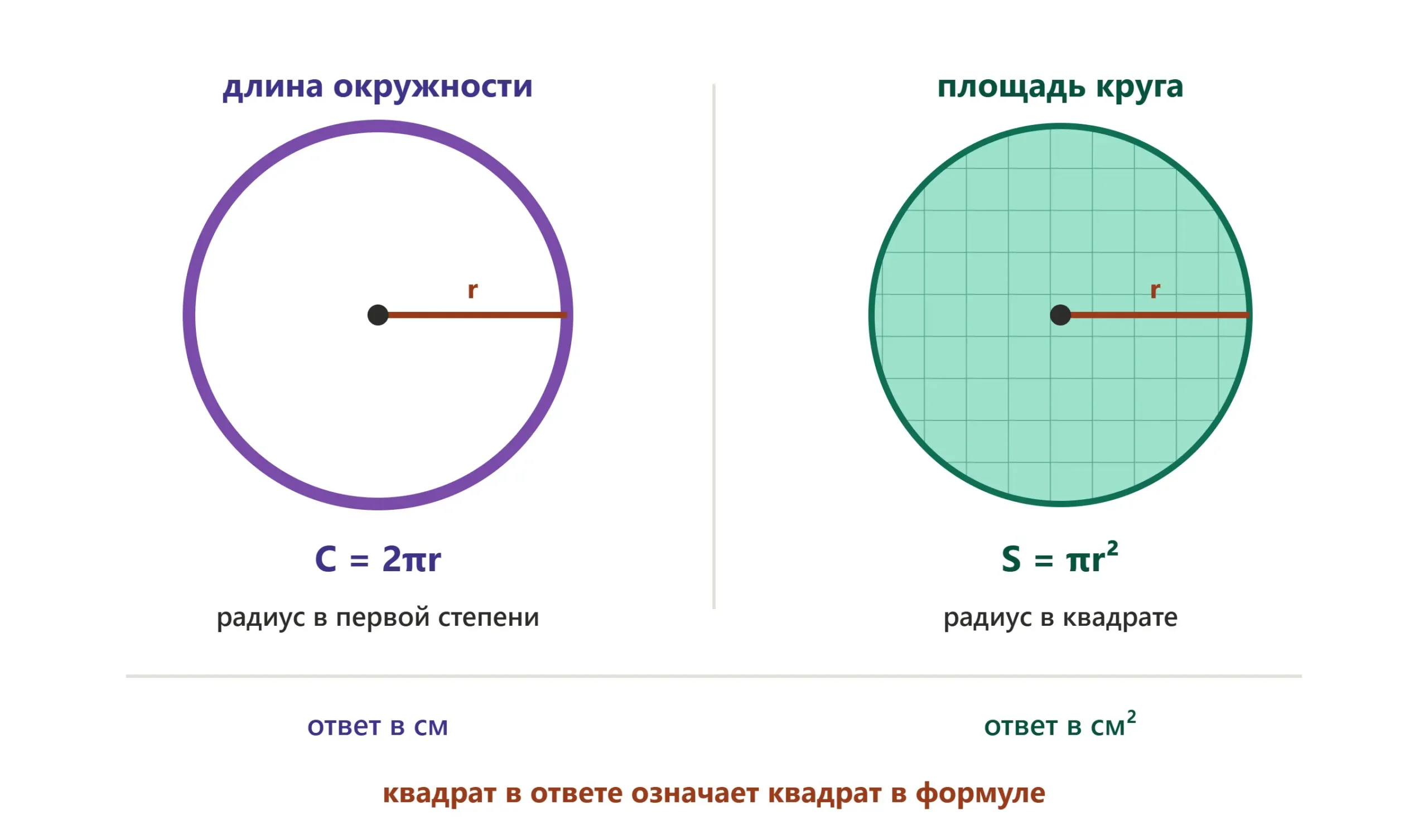 Формулы длины окружности и площади круга с разной степенью радиуса.