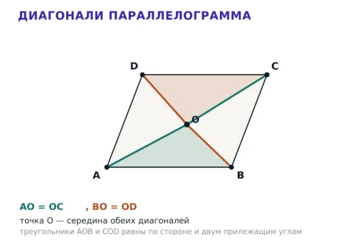 Диагонали параллелограмма пересекаются в точке O и делятся пополам.