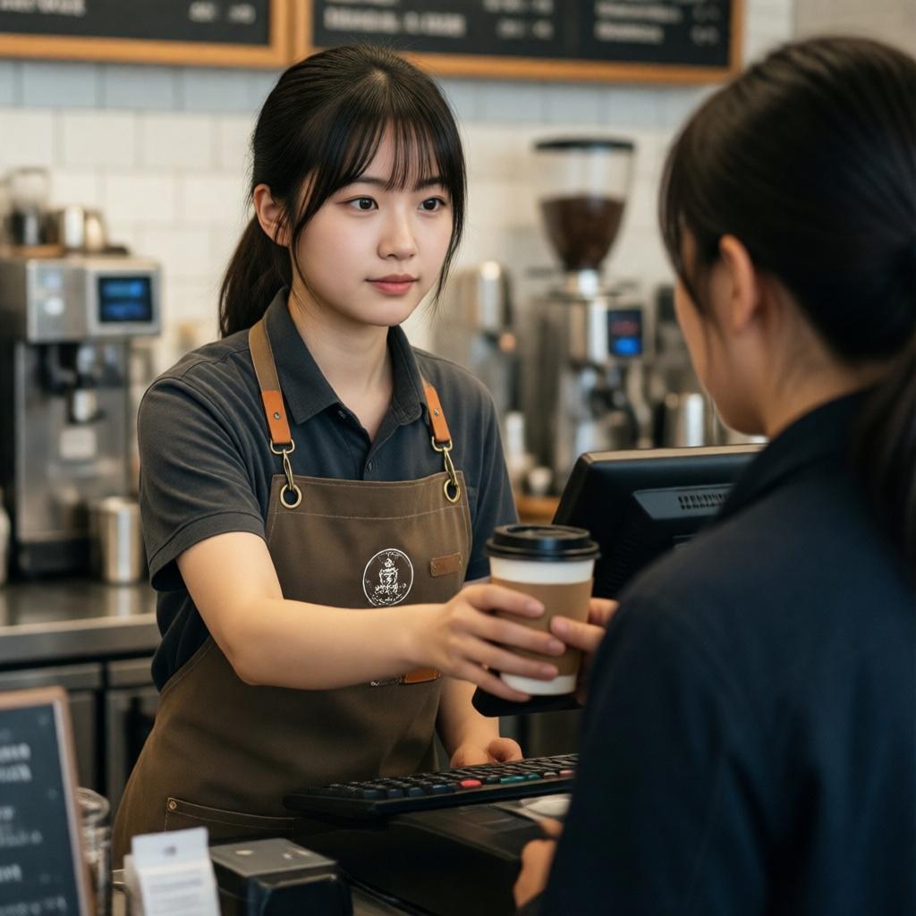 Школьник на part-time job обслуживает гостей в кафе и получает work experience.