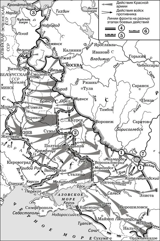 Карта коренного перелома 1942–1943 гг. с линиями фронта и наступлением Красной армии.