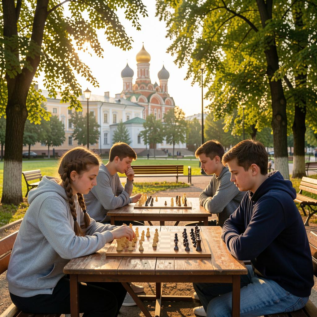 Игра в шахматы в парке как popular pastime и интеллектуальный cultural leisure.