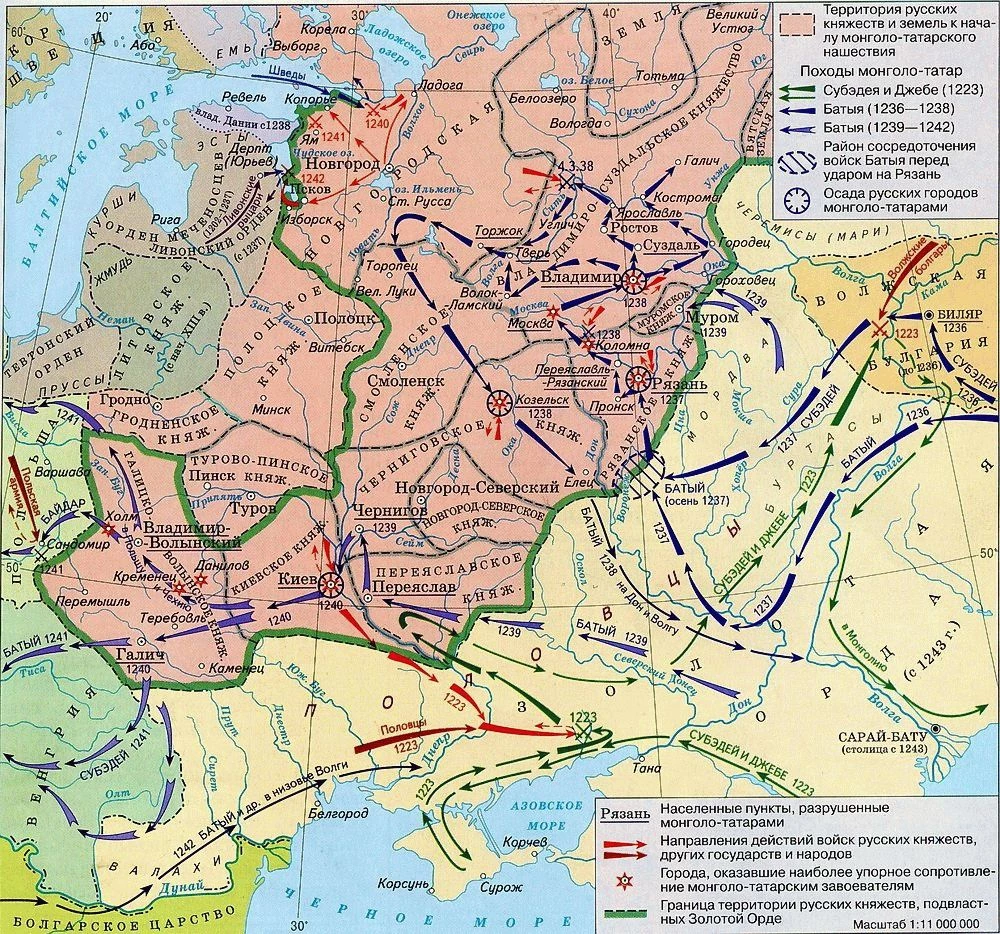 Карта южного похода Батыя 1239–1241 годов на Юго-Западную Русь и в Европу.