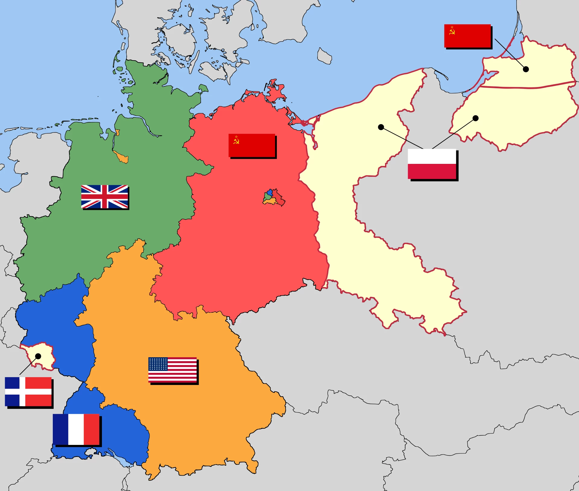 Карта оккупационных зон Германии в 1947 году перед расколом на ФРГ и ГДР.