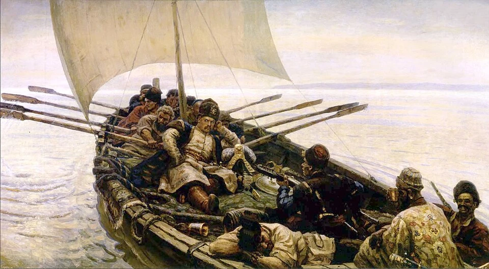 Степан Разин в лодке во время казачьего похода, символ народного восстания XVII века.
