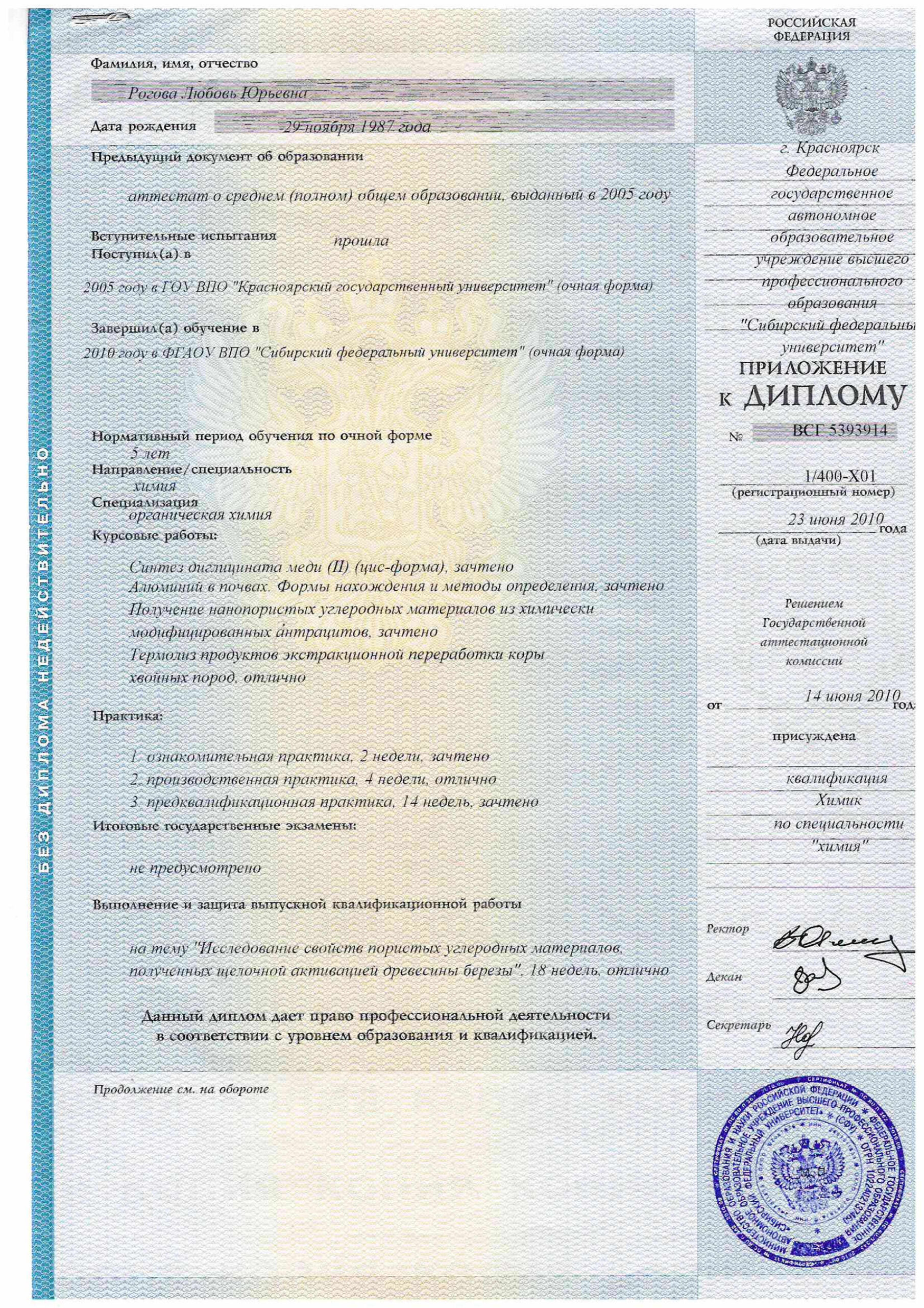 Диплом СФУ Любови Роговой